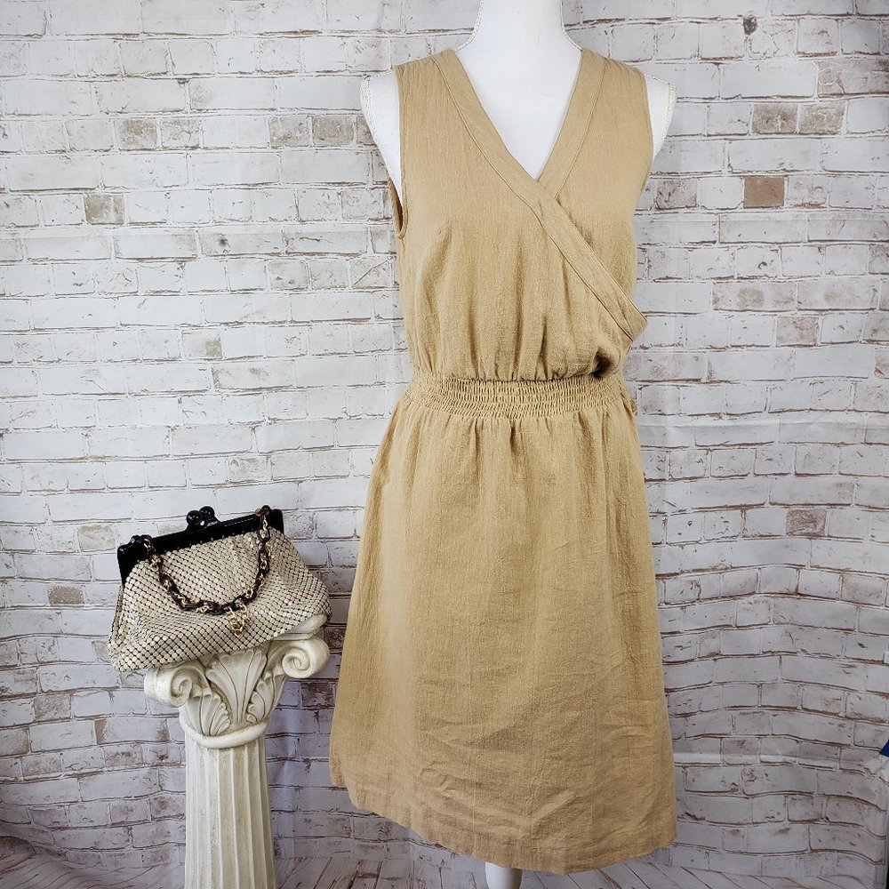 NWT Mossimo Sz S Tan Linen Blend Sleeveless Dress Surplice V-Neck Elastic Waist